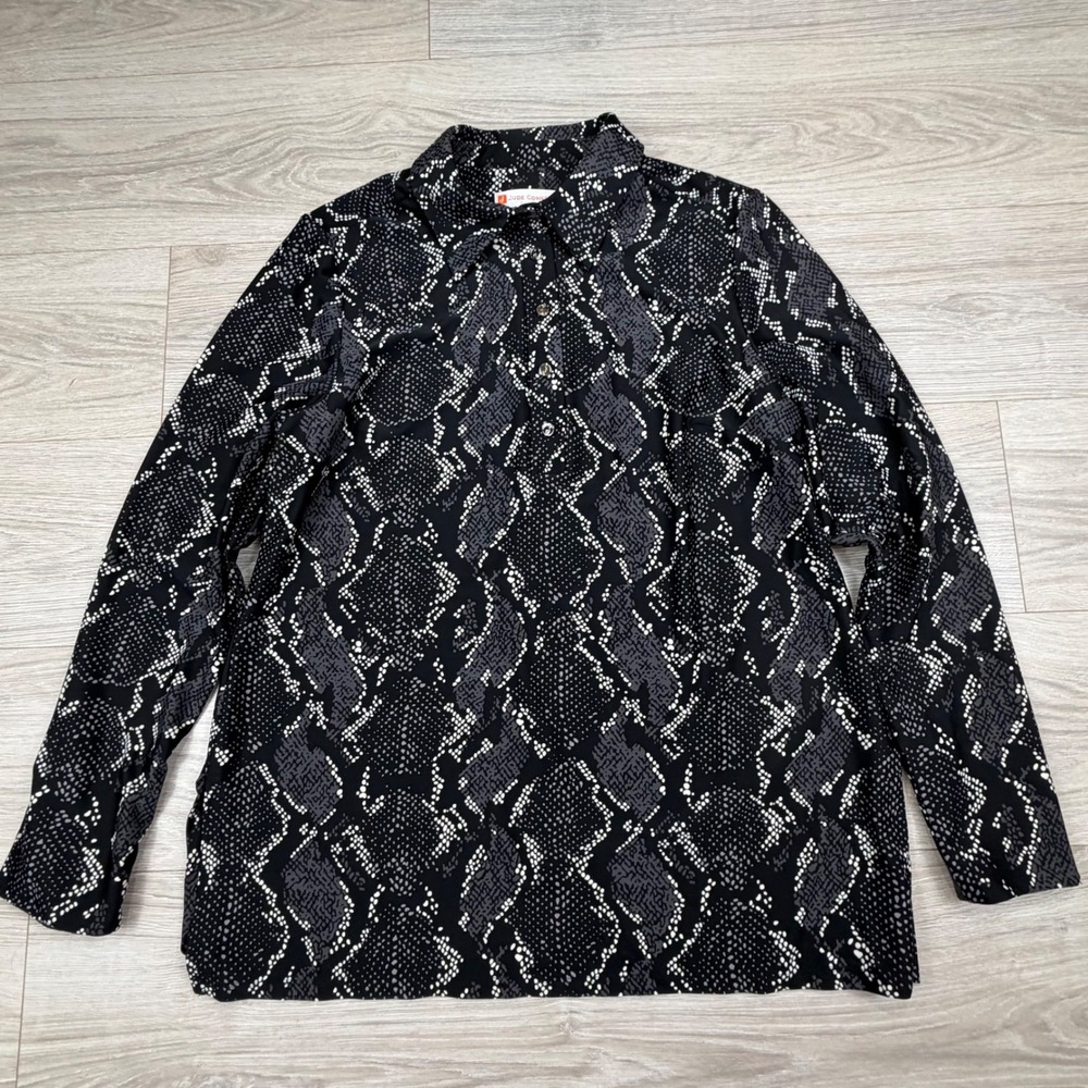 Jude Connally XL Black White Snakeskin Jude Cloth Long Sleeve Polo Top
